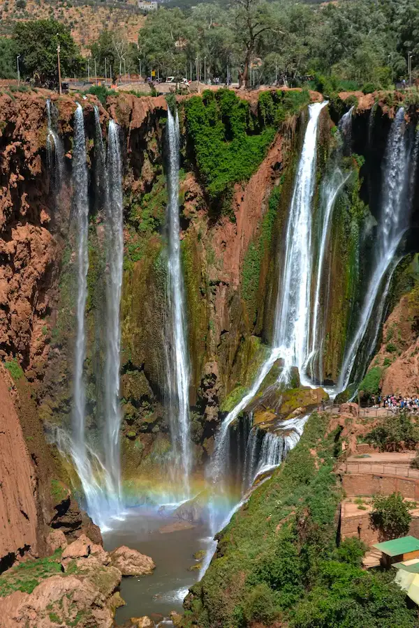 Ouzoud Waterfalls with rainbow and lush greenery